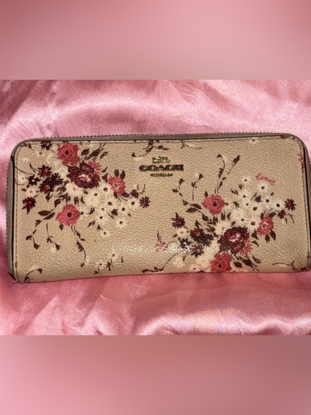 Coach Cream Floral Zip-Around Wallet with Pink Accents
